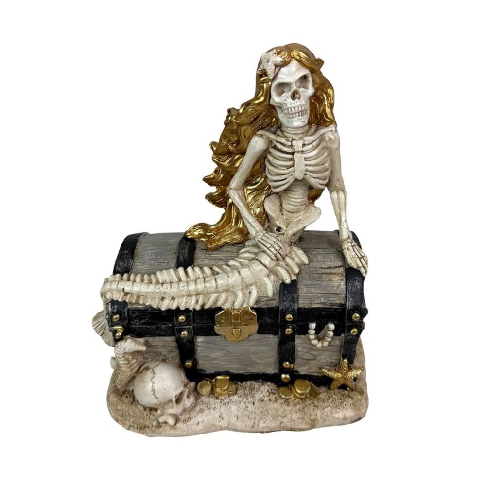 Mermaid Skeleton Figurine Pirate Treasure Chest Resin Statue 8 in Decor